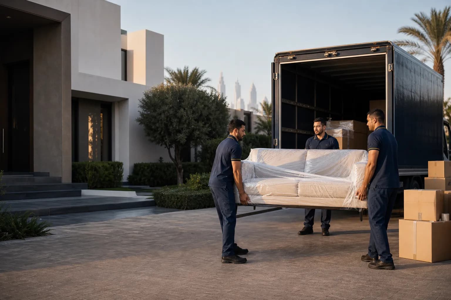 Professional villa movers protecting a sofa outside a modern Dubai villa