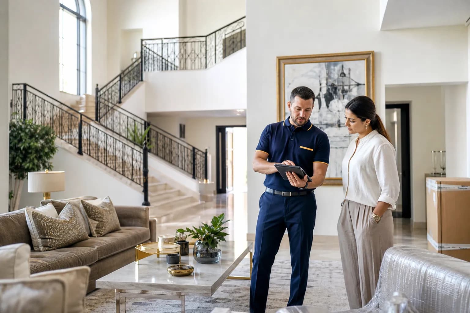 Villa moving coordinator reviewing rooms during a pre-move survey